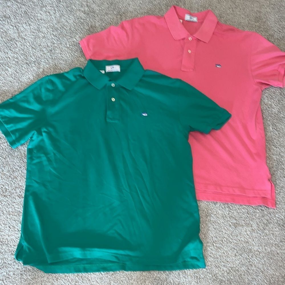 2-Preppy Green &  Pink Solid Color Southern Tide Skipjack Tuna Golf polo shirt L